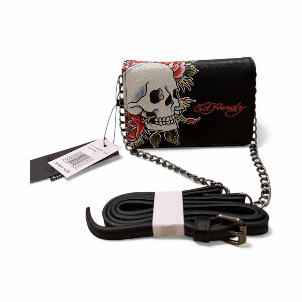 Ed Hardy Black and Red Skull Micro Crossbody Chain Bag